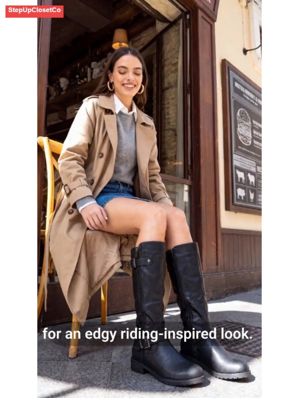 Womens Knee High Riding Boots Double Buckle Faux Leather Side Zip - Picture 6 of 6